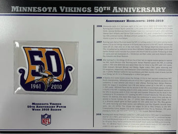 Écusson Willabee &amp; Ward du 50e anniversaire des Vikings du Minnesota 2010 avec carte de statistiques