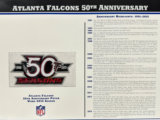 2015 Atlanta Falcons 50th Anniversary Willabee & Ward Patch With Stat Card