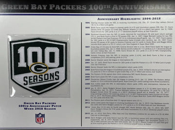 Écusson Willabee &amp; Ward du 100e anniversaire des Packers de Green Bay 2018 avec carte de statistiques