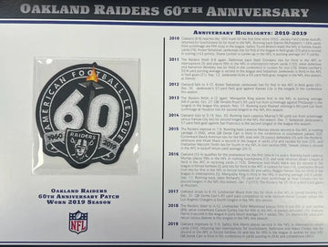 Écusson Willabee &amp; Ward du 60e anniversaire des Oakland Raiders 2019 avec carte de statistiques