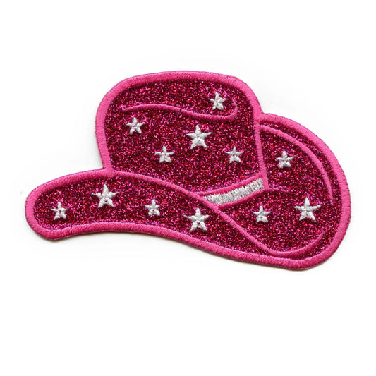 Pink Glitter Cowgirl Hat Patch Stars Western Embroidered Iron On