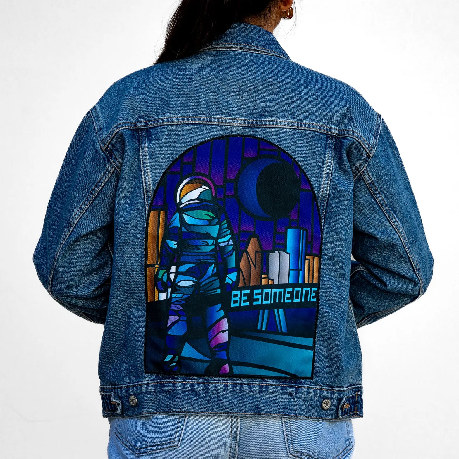 Custom Houston Astronaut Be Someone Stain Glass Denim Jacket