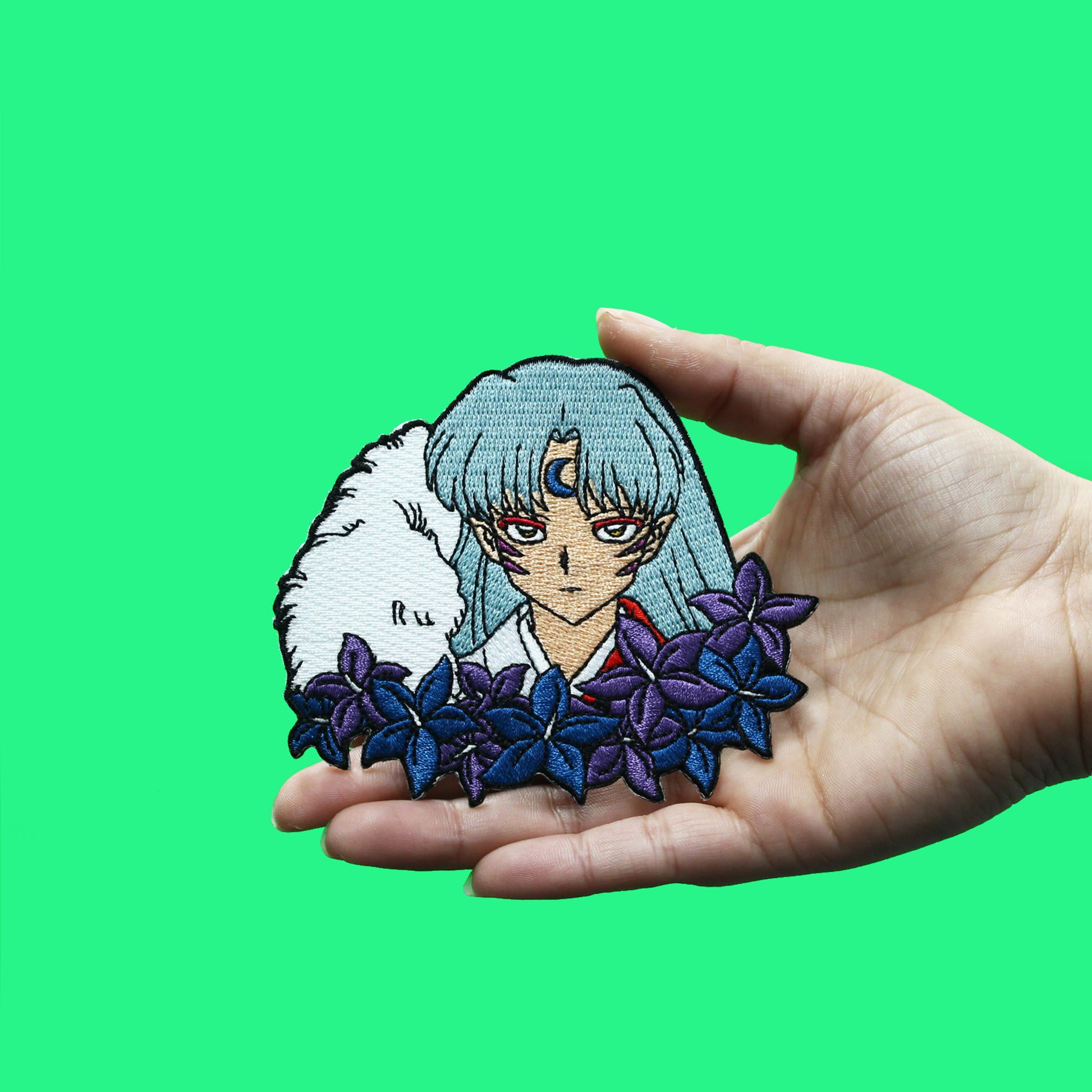 Inuyasha Sesshomaru Patch Purple Flowers Headshot Embroidered Iron On 