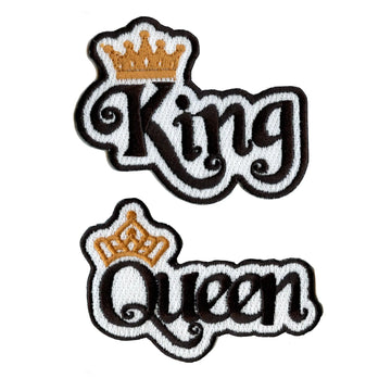 King and Queen Script Set with Gold Crown Embroidered Iron on Patches 