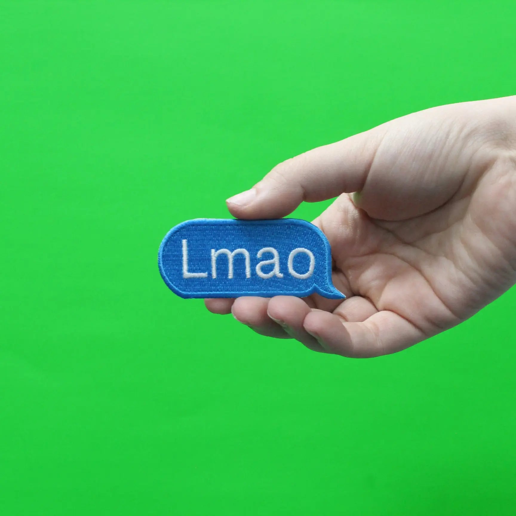 LMAO Blue Text Script Word Bubble Emoji Iron On Embroidered Patch 