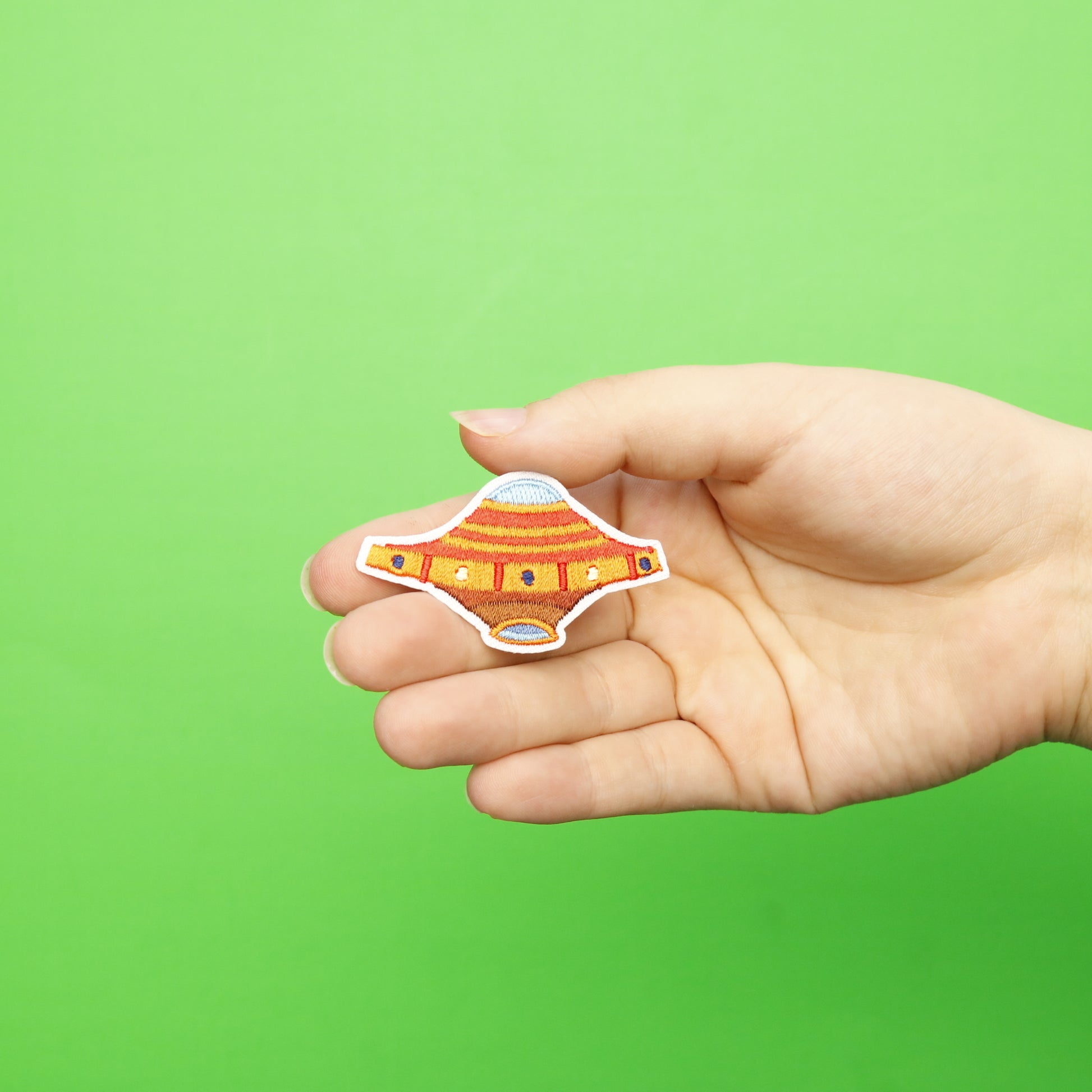 Small Orange UFO Alien Spaceship Embroidered Iron On Patch 