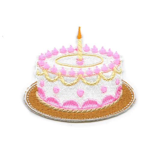 Round Birthday Cake Patch Pink Frosting Dessert Embroidered Iron-On