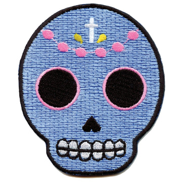 Light Blue Sugar Skull Iron On Embroidered Patch 