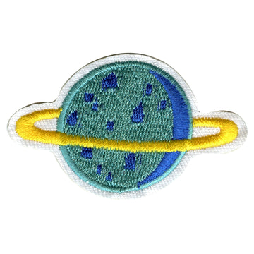 Small Teal Planet With Gold Ring Embroidered Iron On Patch 