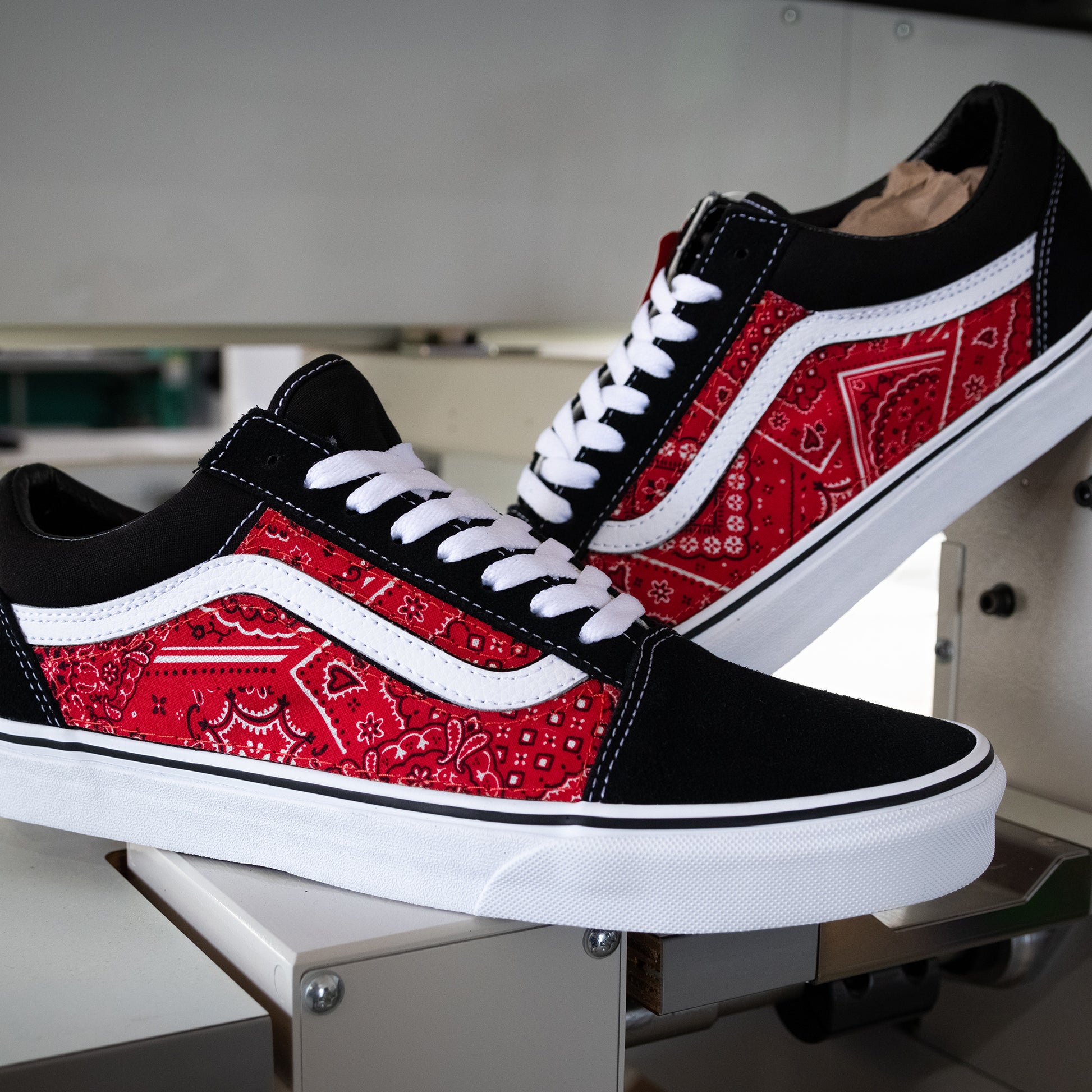 Vans Black Old Skool x Red Bandana Pattern Custom Handmade Shoes By Patch Collection 