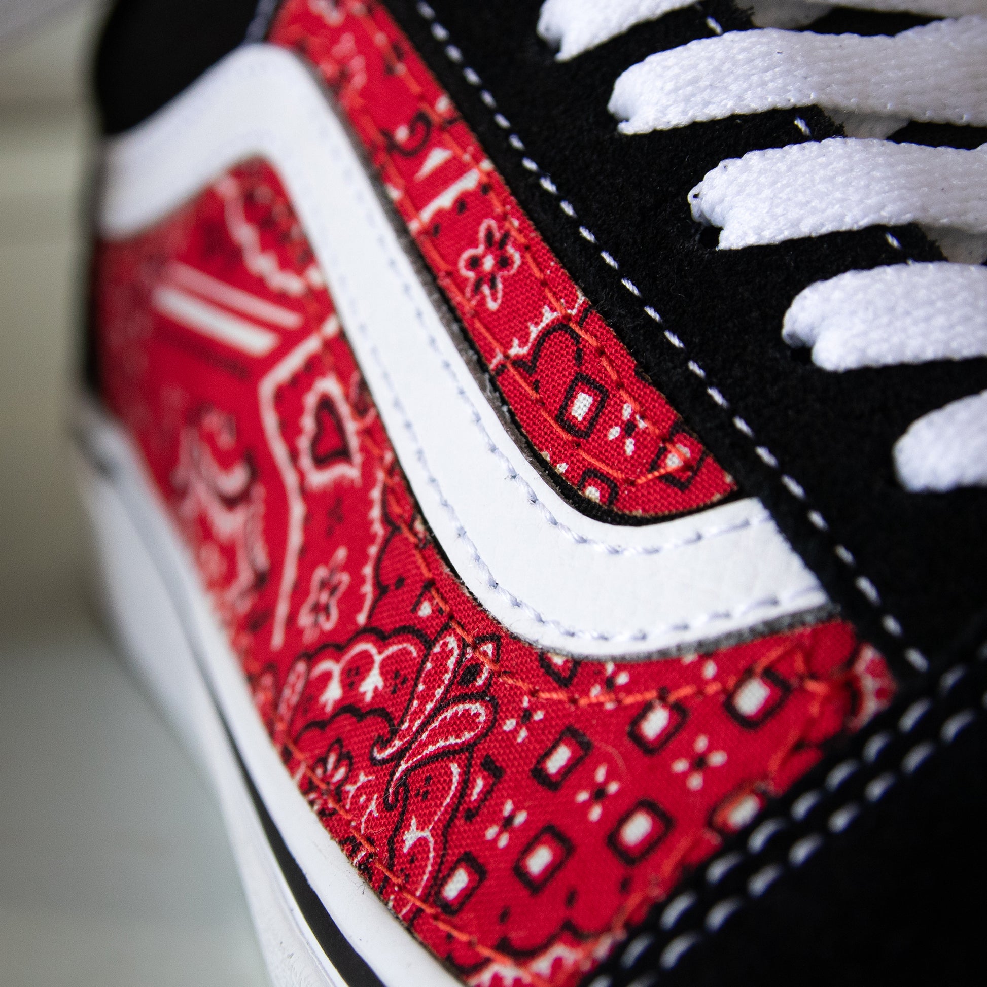 Vans Black Old Skool x Red Bandana Pattern Custom Handmade Shoes By Patch Collection 