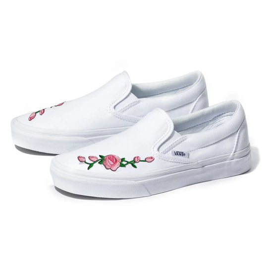 Vans White Slip-On Pink Rose Custom Shoes 