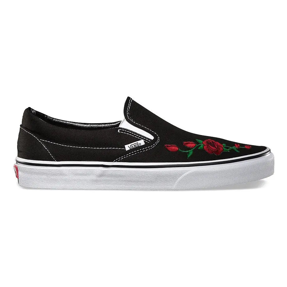 Vans Black Slip-On Red Rose Custom Shoes 