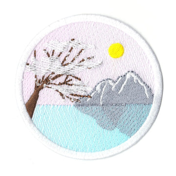 Cherry Blossom Tree With Mountains Iron On Patch 