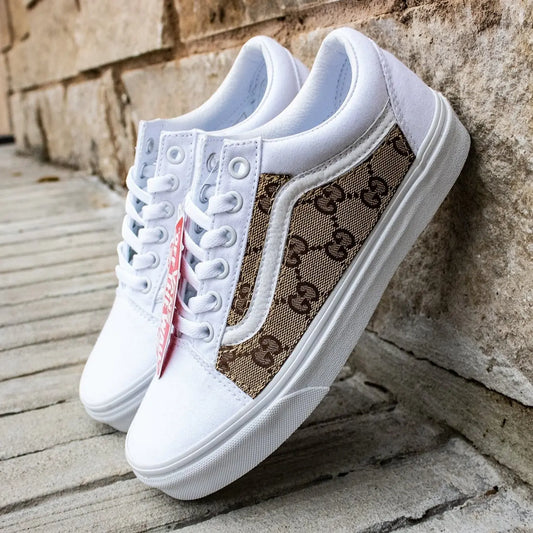 Vans White Old Skool x Authentic GG Fabric Custom Handmade Shoes By Patch Collection 