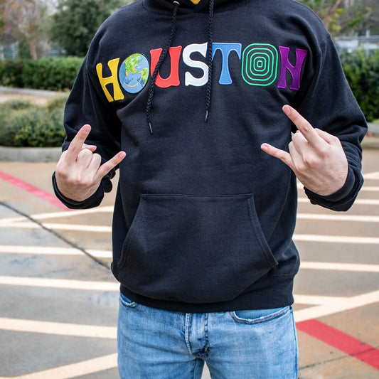 Custom Black Houston Astro World Themed Font Parody Embroidered Pullover Hoodie 