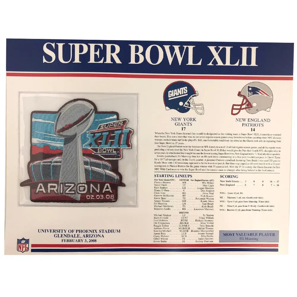 2008 NFL Super Bowl XLII Logo Willabee & Ward Patch (New England Patriots New York Giants) 