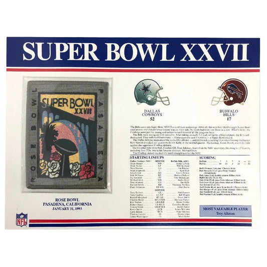 1993 NFL Super Bowl XXVII Logo Willabee & Ward Patch Stat Card Buffalo Bills vs. Dallas Cowboys 