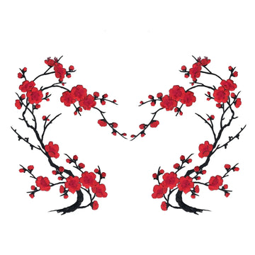 Red Cherry Blossom Flowers Set of Two Embroidered Iron on Patches 